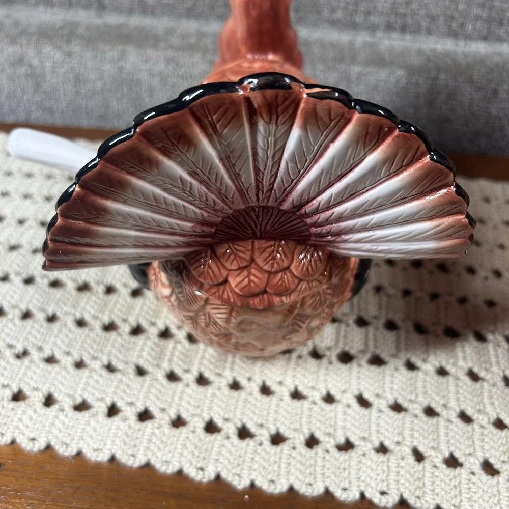Vtg 1990s Turkey Glazed Ceramic Gravy Boat Tureen Lid & Ladle Thanksgiving 1 Qt